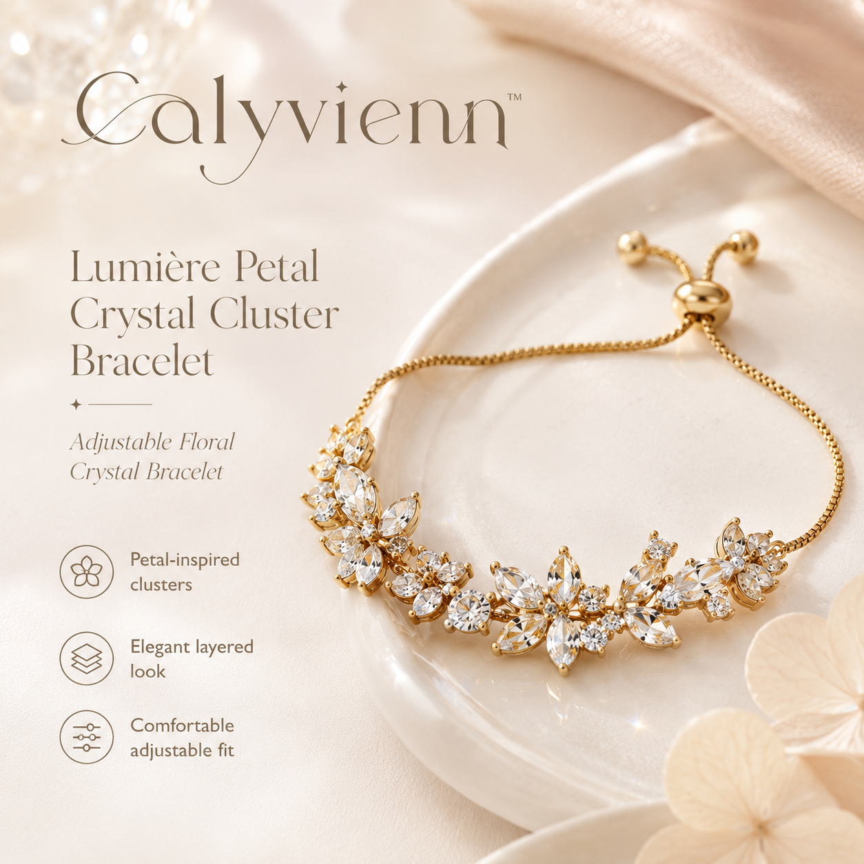 Calyvienn™ Lumière Petal Crystal Cluster Bracelet – Adjustable Floral Gold Chain Jewelry