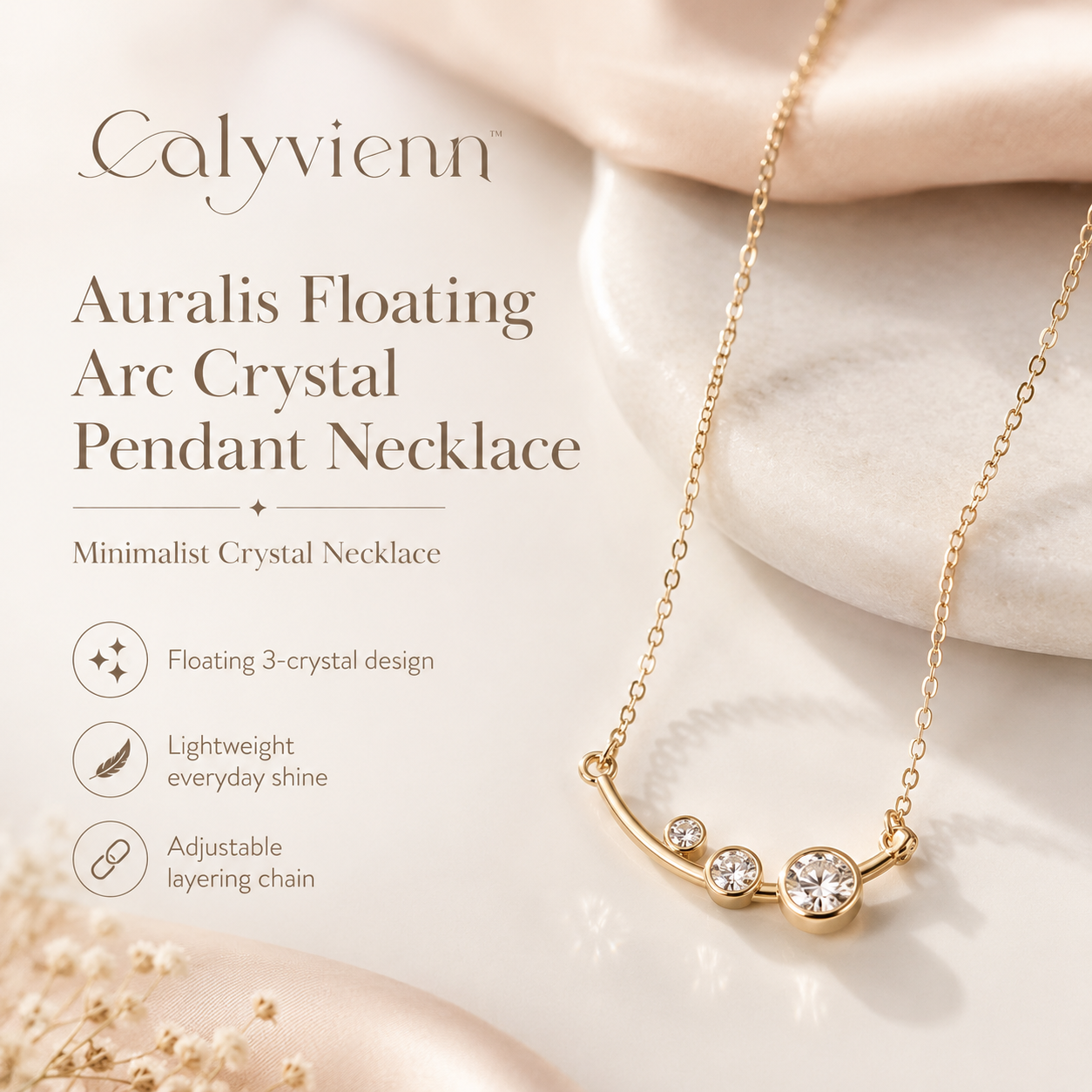 Calyvienn™ Auralis Floating Arc Crystal Pendant Necklace – Minimalist Gold Layering Jewelry for Women