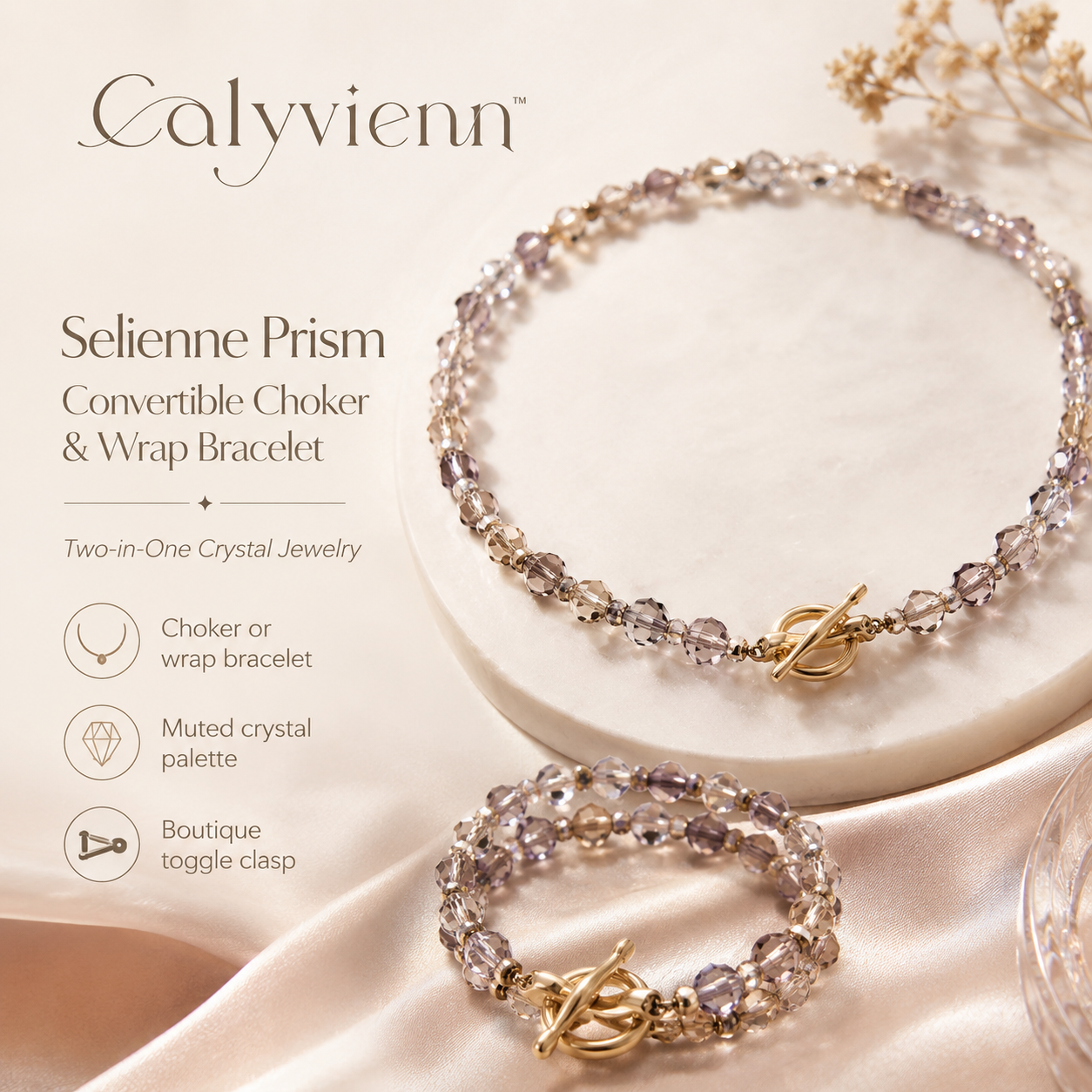Calyvienn™ Selienne Prism Convertible Crystal Choker & Wrap Bracelet – Two-in-One Beaded Jewelry