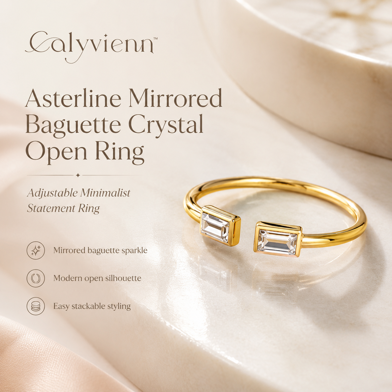 Calyvienn™ Asterline Mirrored Baguette Crystal Open Ring – Adjustable Minimalist Statement Jewelry