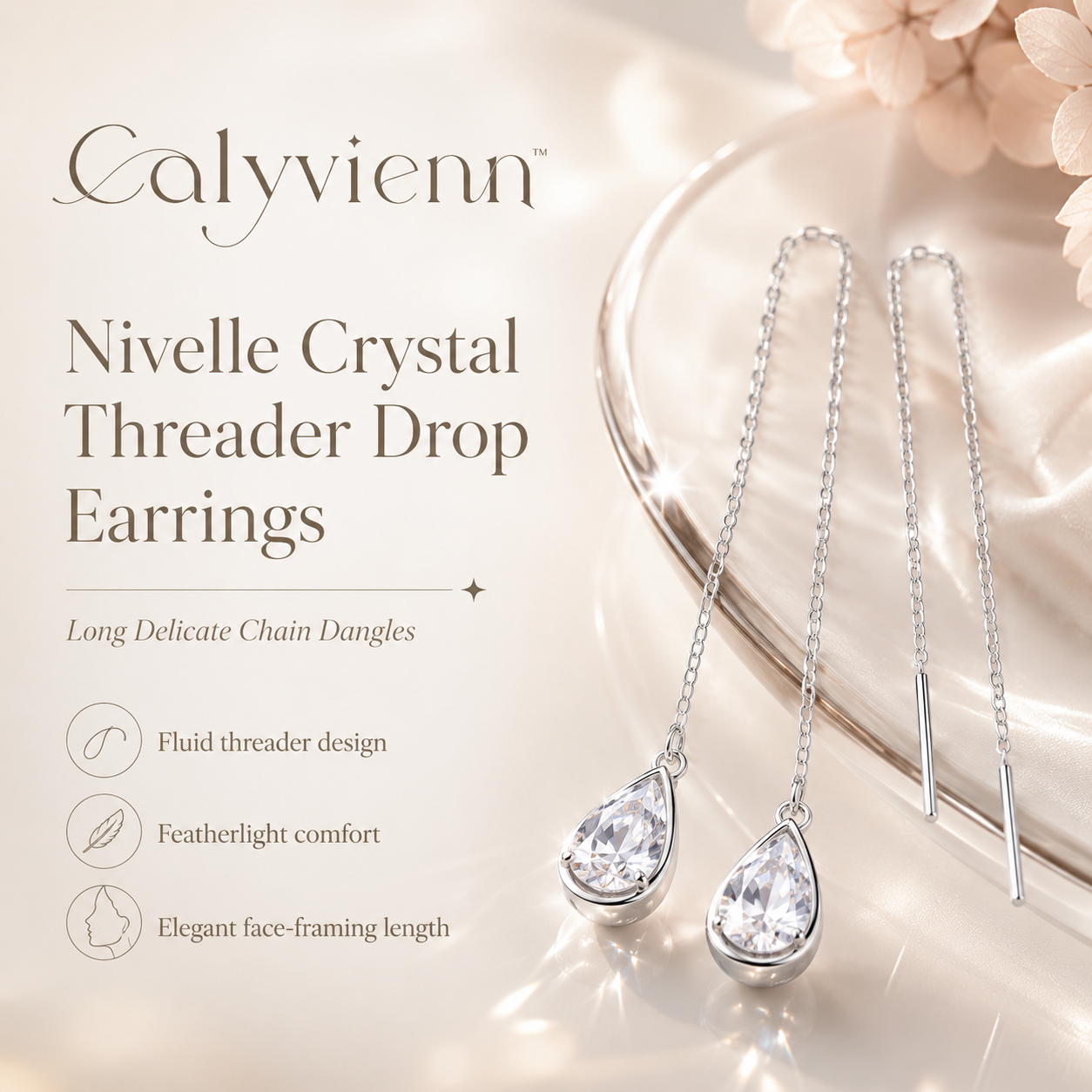 Calyvienn™ Nivelle Crystal Threader Drop Earrings – Long Delicate Chain Dangle Jewelry