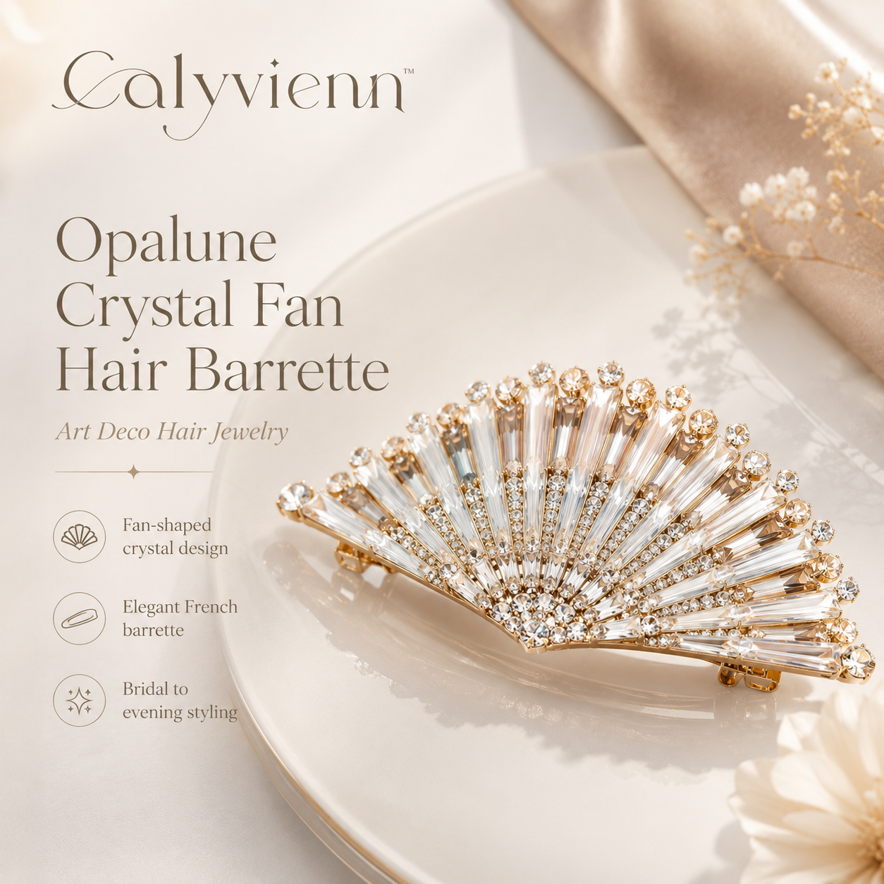 Calyvienn™ Opalune Crystal Fan Hair Barrette – Art Deco Bridal and Evening Hair Clip